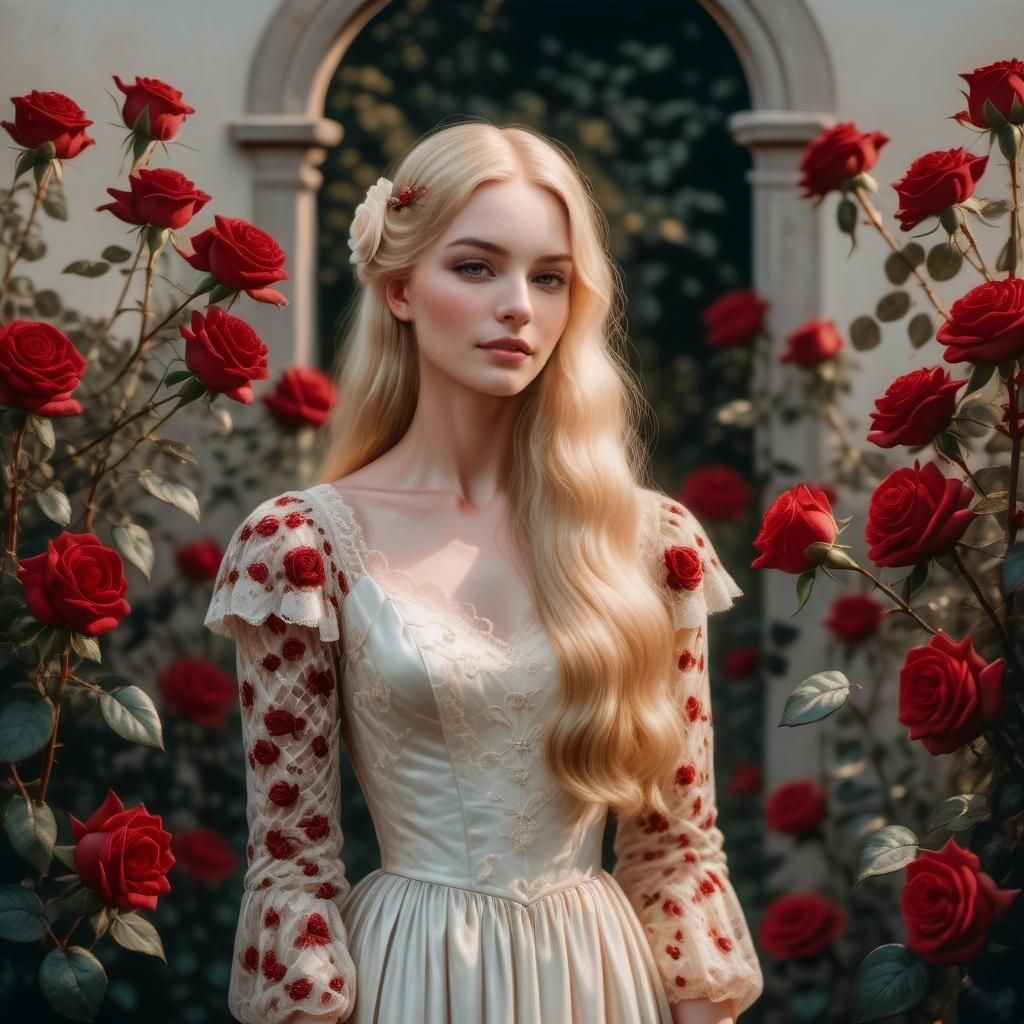 Beautiful and blonde Kriemhild in White lace gown.Red Roses garden. intricately detailed volumetric lighting color corrected romanticism sha...