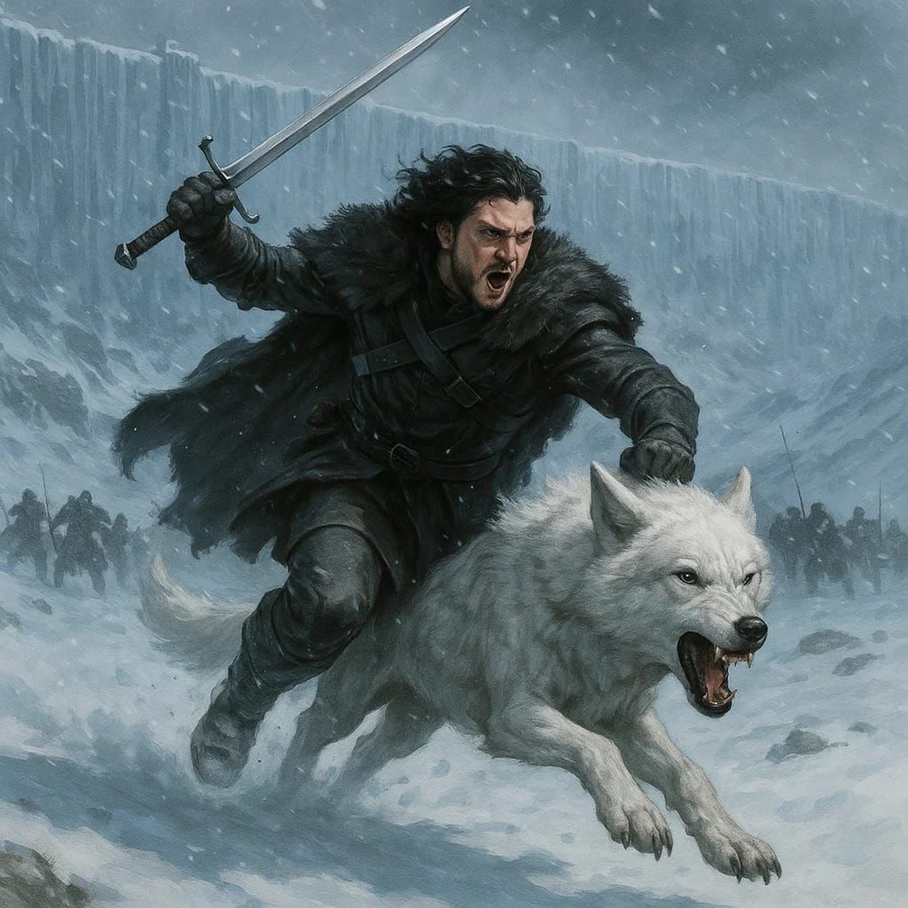 רוב סטארק רוכב על זאב ליד החומה