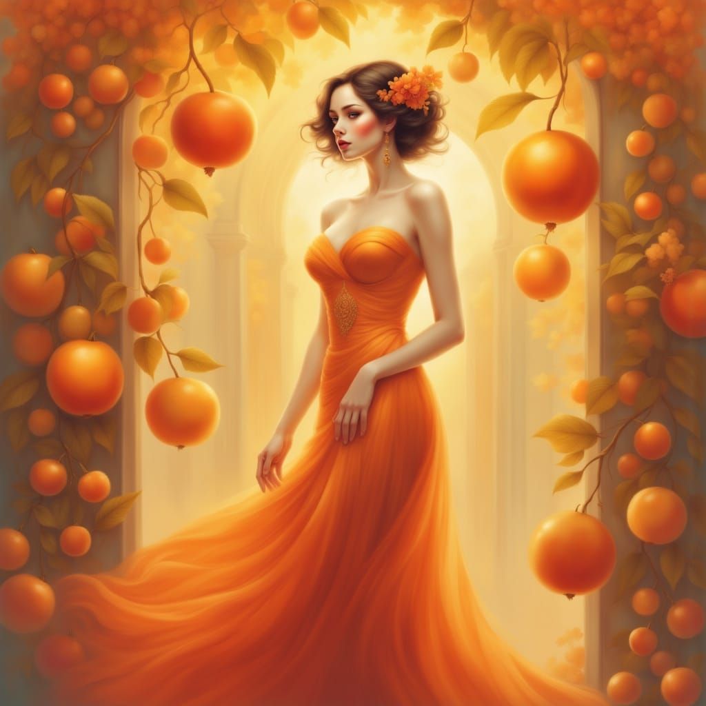 La bellissima fanciulla delle arance vestita di arancione.<lora:Hair adornment Flux:1.0> volumetric lighting warm colors tetradic colors