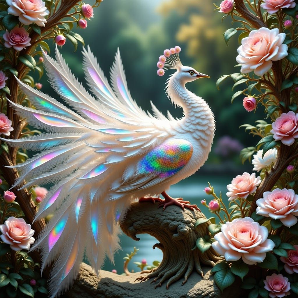 Hyperrealistic IridescentWhite Peacock in a Hyperdetailed Maximalist Magical Fantasy Rose Garden <lora:Iridescent Fantasy:1.0> 