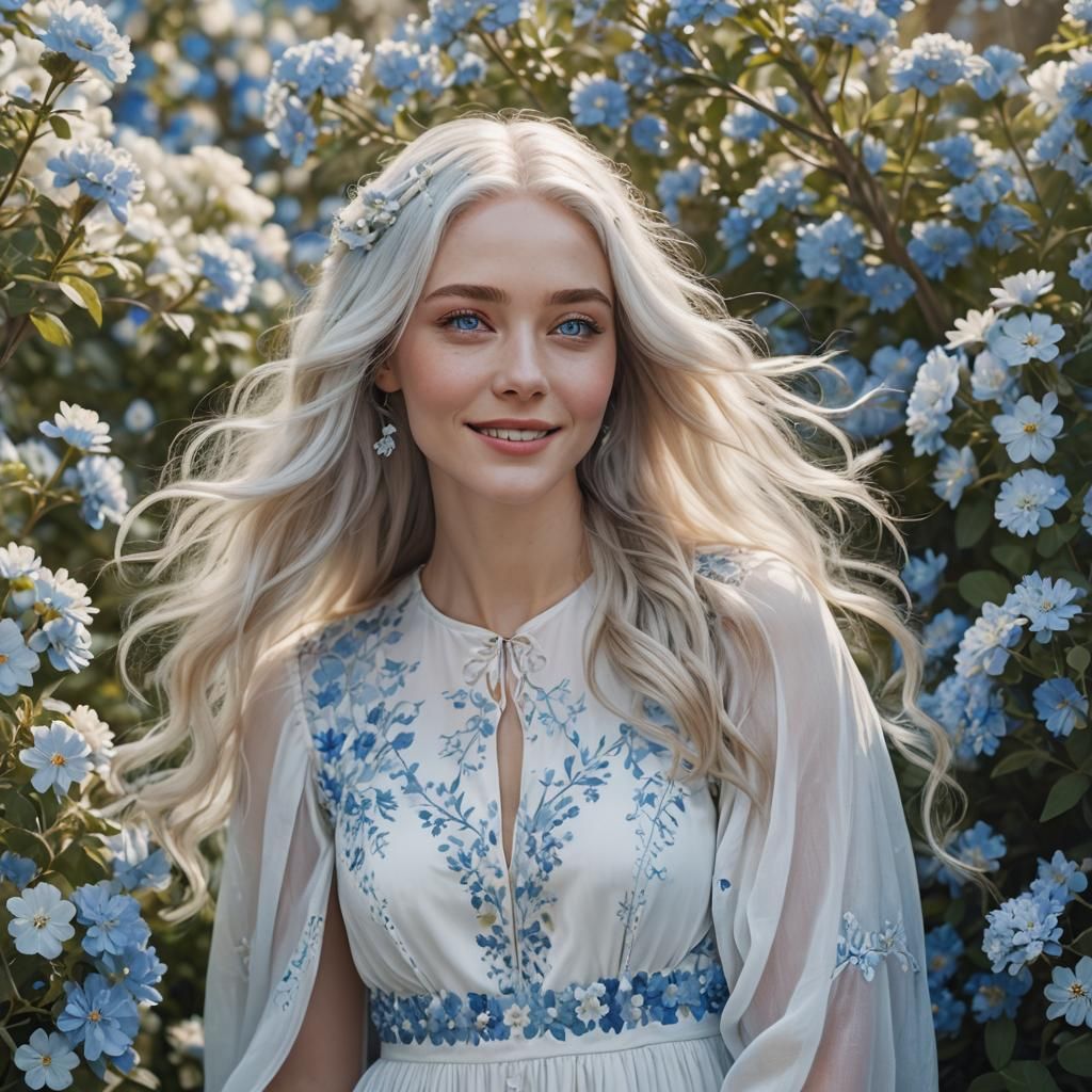 Stunning Woman with Blue Eyes and Floral Dress
