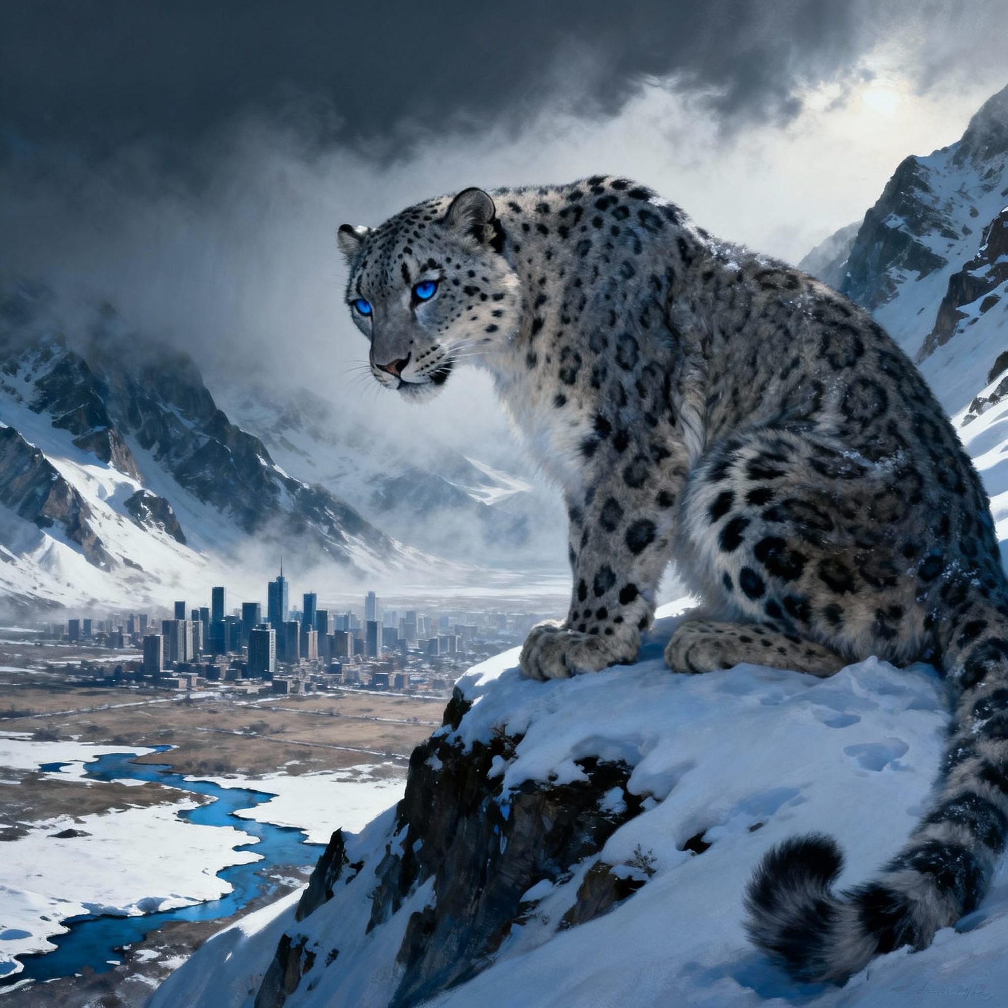 A snow leopard, on a mountainside.