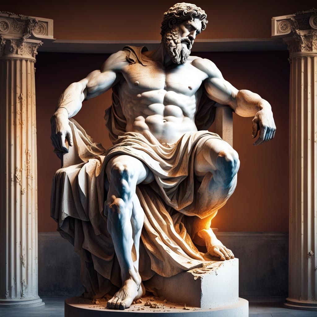 Broken statue of Zeus at Olympia Greece. Hyperrealistic, splash art