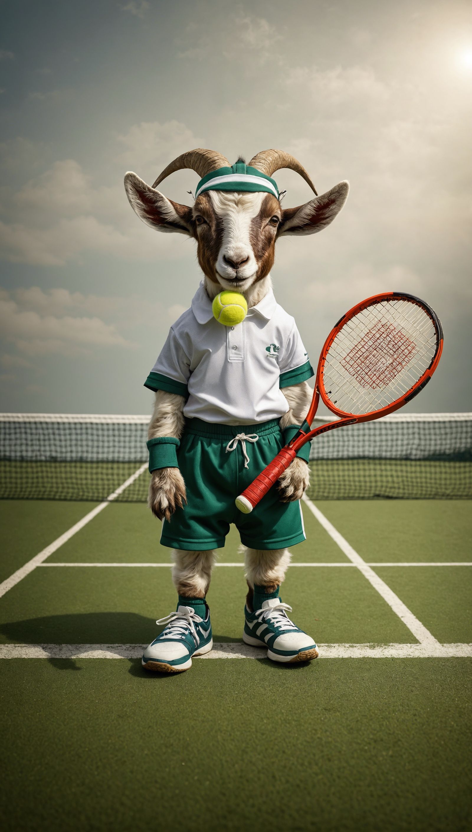 Goat dressed ready for playing tennis