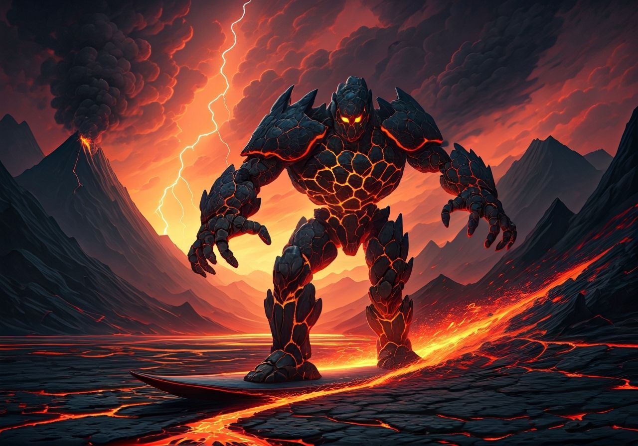 Hyper-detailed fantasy illustration. A hyperdetailed lava golem with cracking lava pattern stone skin is surfing on a red lava river. Dynami...