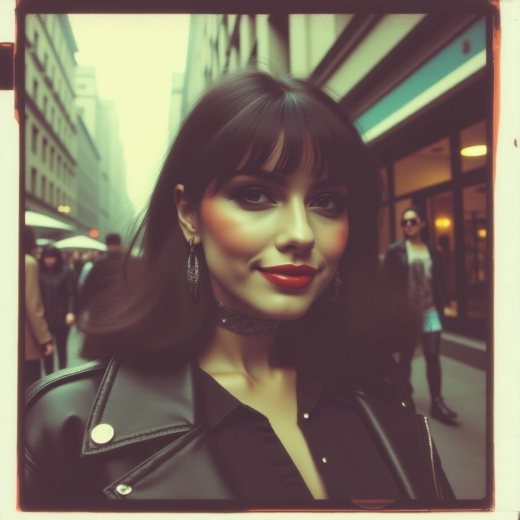 <lora:RetroPolaroid:1.0> 80s fashion gothic woman in bustling streets portrait smilng candid close up polaroid, polaroid edge burn distortio...