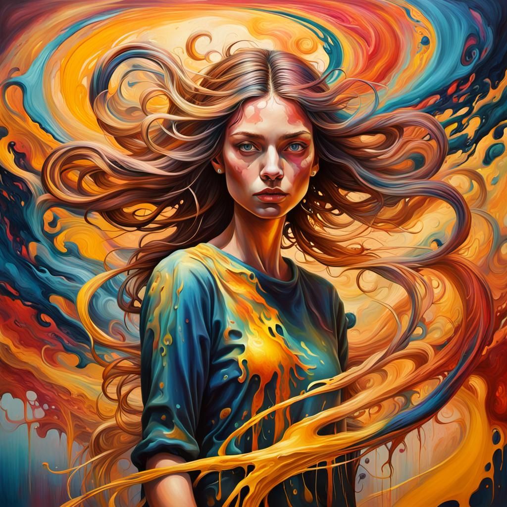 a girl materializing from swirling and colorful viscous pain...