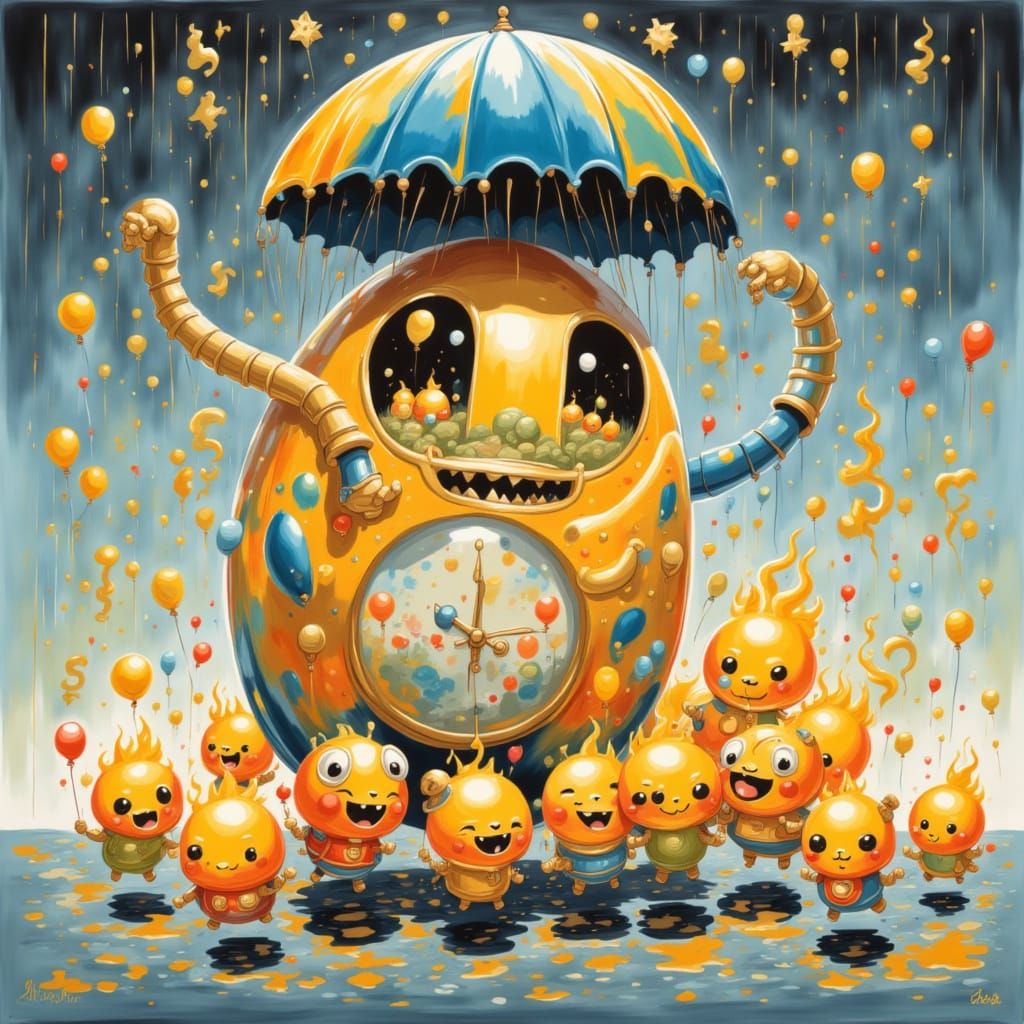 <lora:BOUNCY BALLOONACY:1.0> A giant, benevolent monster gently holds an umbrella over a group of small, fire elementals huddled together in...