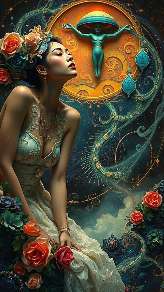 Trippy surrealism female fantasy, beautiful trippy exotic di...