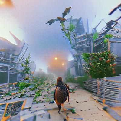 Apocalyptic Survivor wandering overgrown city streets during...