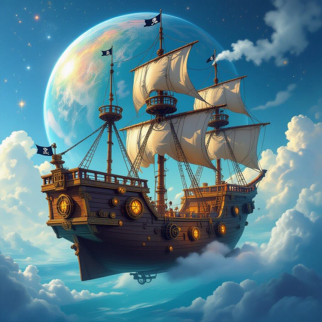 A large, intricately designed space pirate ship orbiting a vibrant, colorful planet below. The ship combines ...  by @Rizzuto