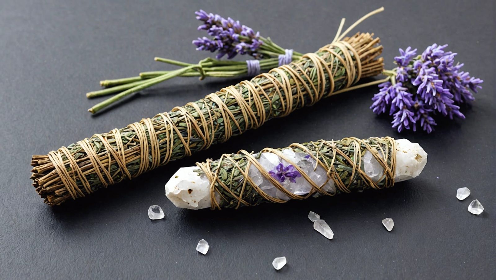 smudge stick with lavender springs and clear quartz points,