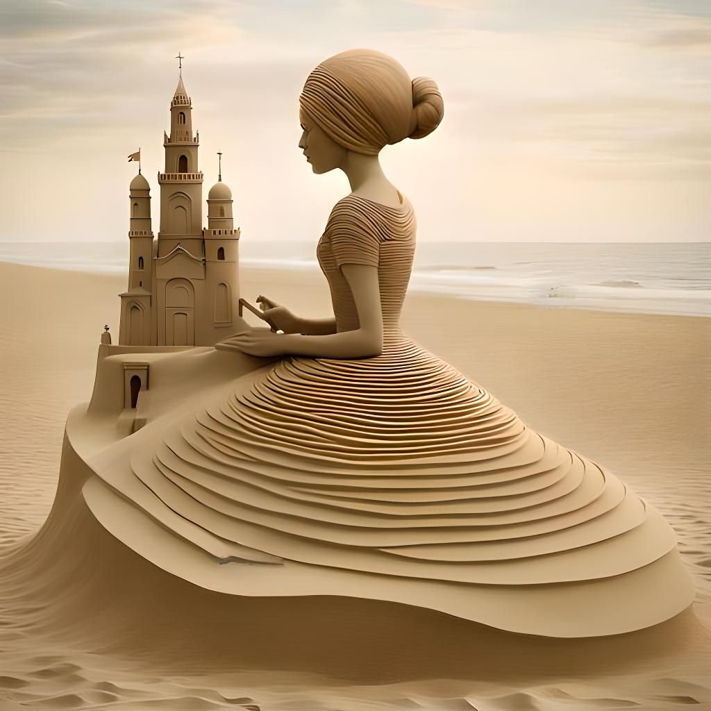 Sand woman builds a sand castle   by @KB