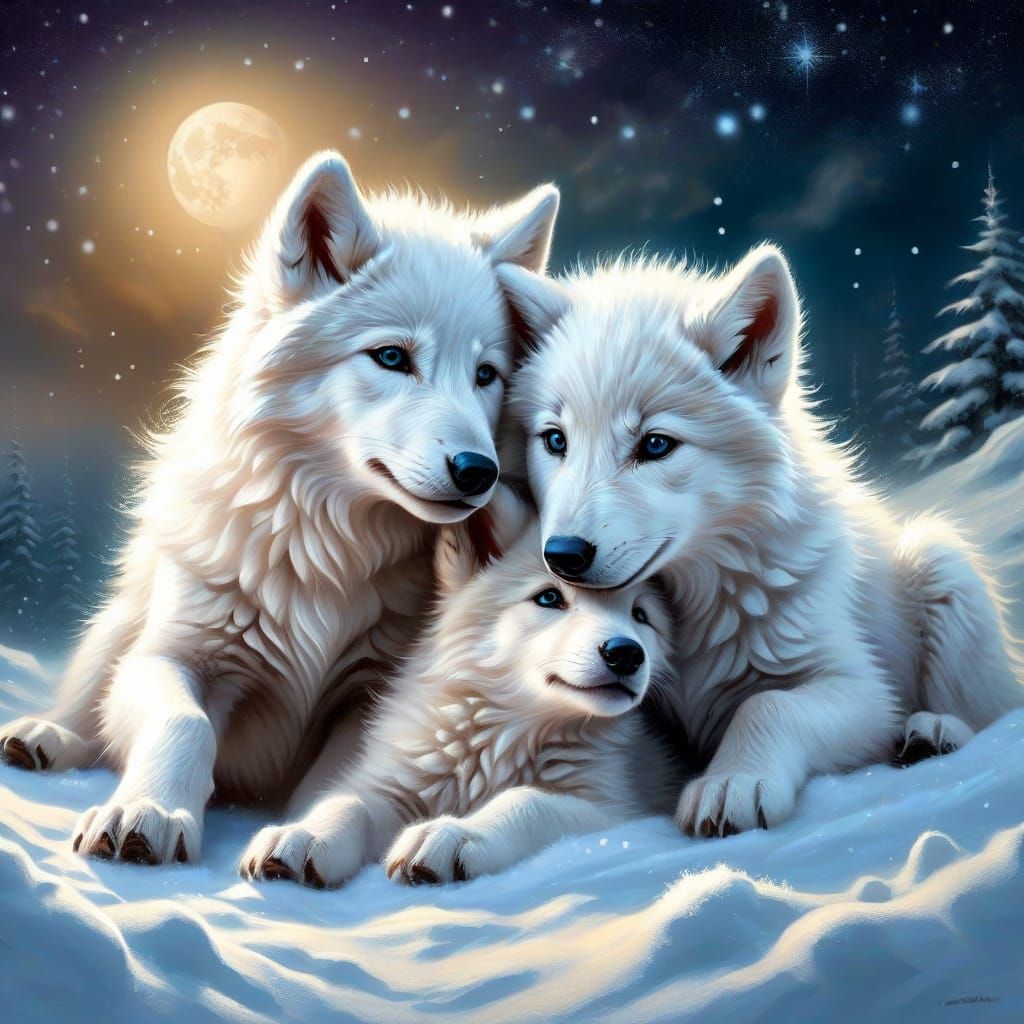 Cute white wolf cubs playing in the deep snow
