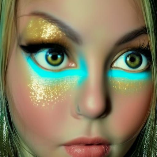 Big beautiful brown eyes with black thin eyeliner. Sparkly e...