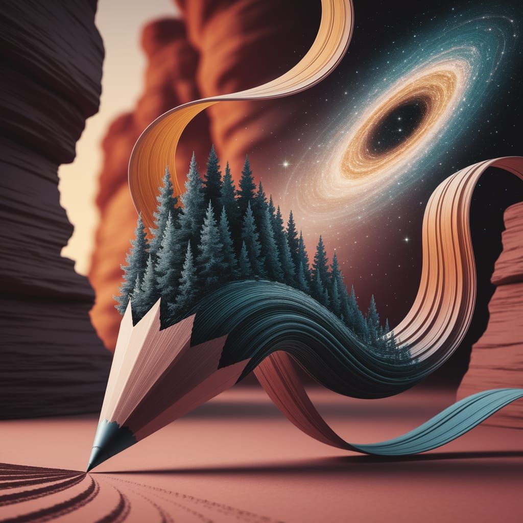 A pencil unraveling into a stream of creativity, where the wood becomes flowing ribbons and the graphite tip paints a living landscape of fo...