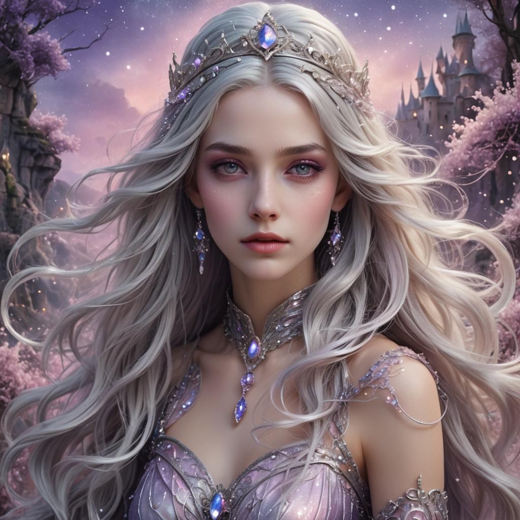 "Design a unique and enchanting cartoon princess character with an ethereal and captivating appearance. She should have long, flowing hair...