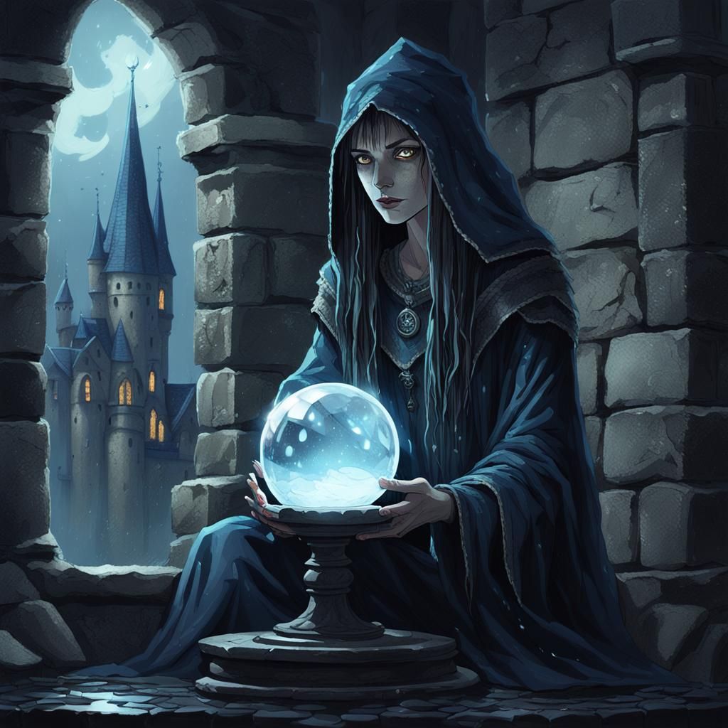 Atop a rain-soaked castle turret, a brooding sorceress gazes...