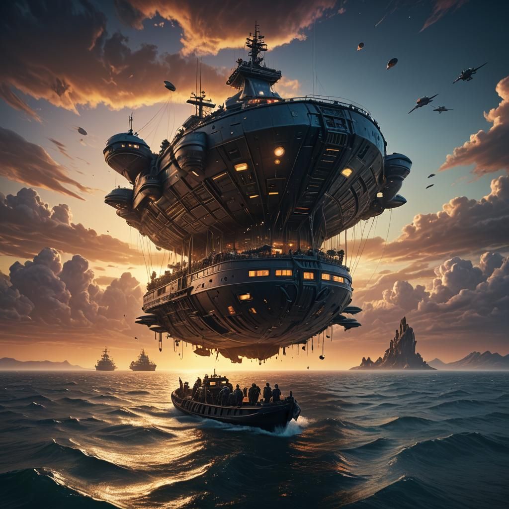 aliens are sitting inside an big jaint ship. Floating on the big ocean at sunset. Hyperealistic.