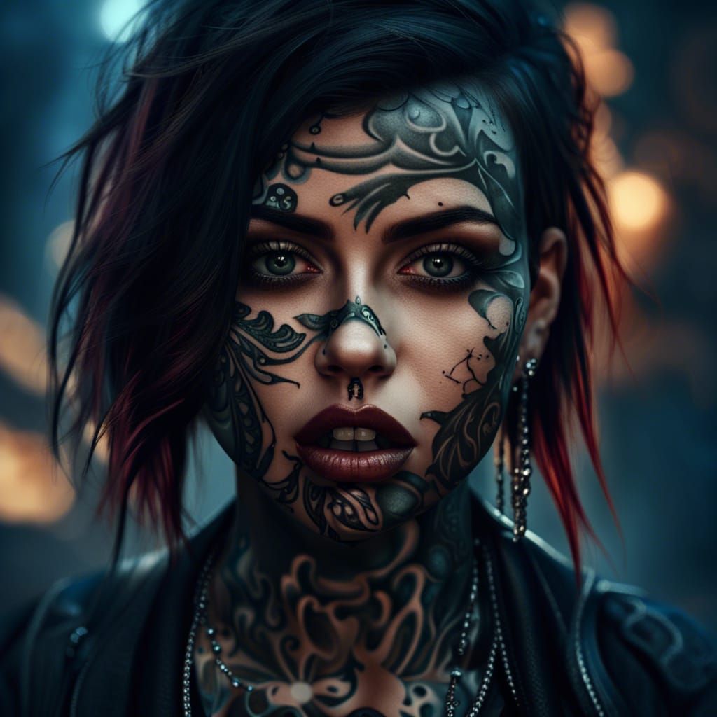 Noir Portrait of Rock Girl with Piercings and Tattoos