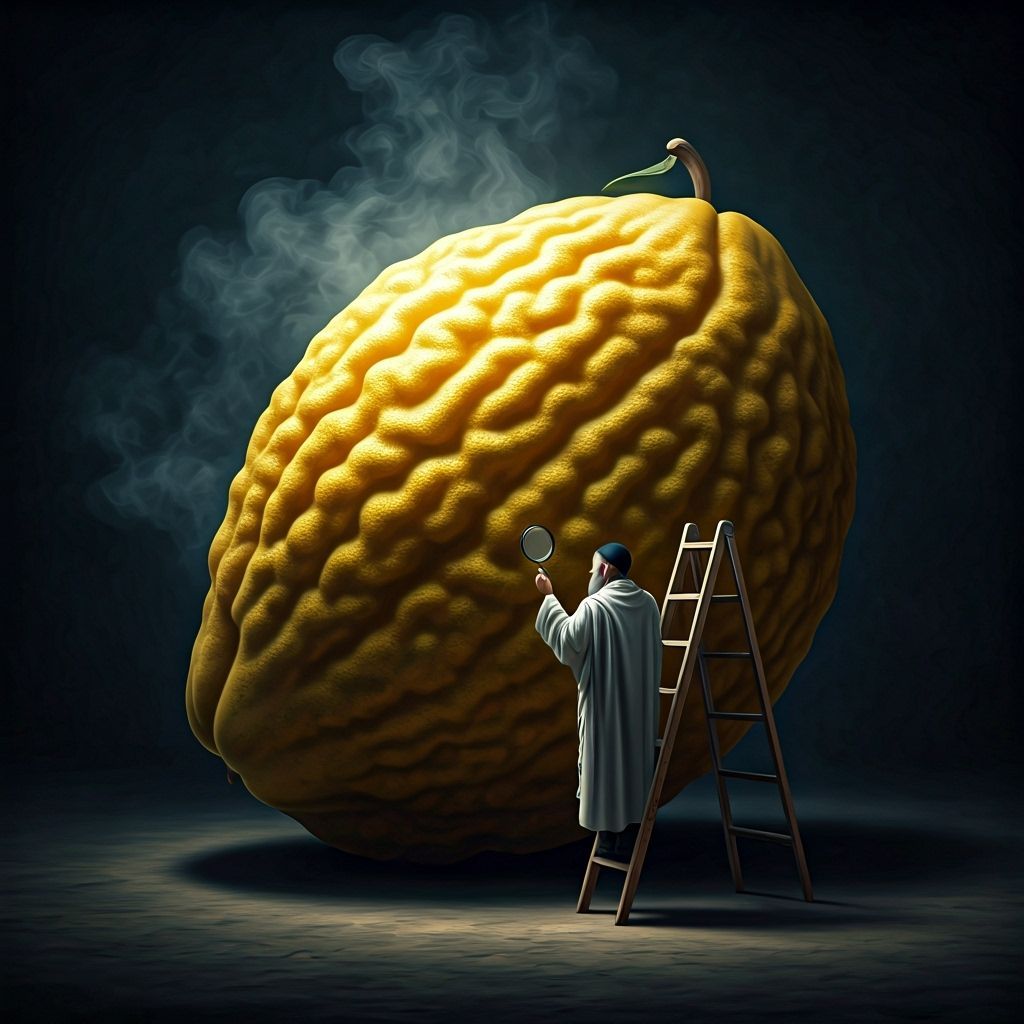Hassidic Man Examines Giant Etrog with Magnifying Glass