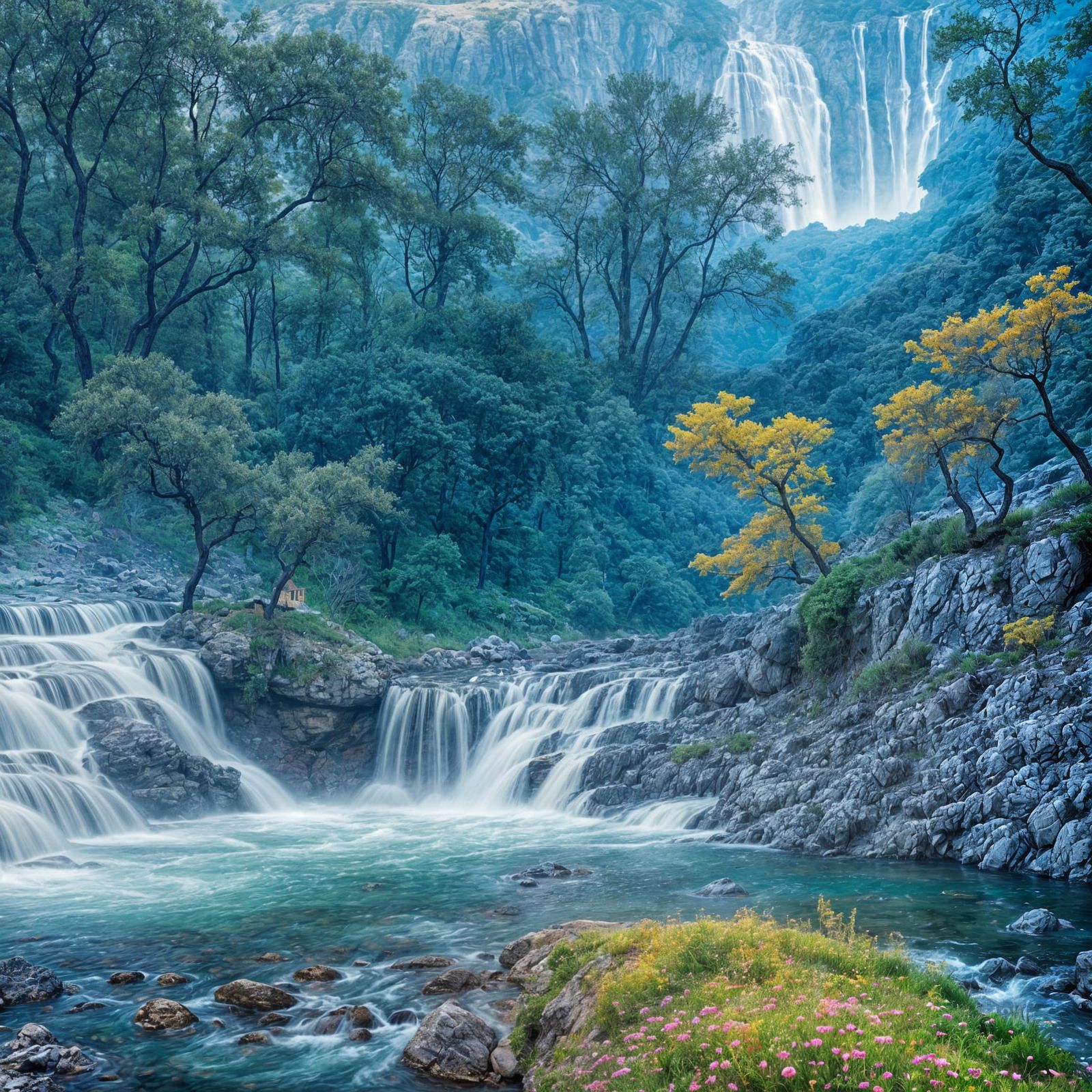 Stunning Genesis Landscape with Waterfalls and Sunrise