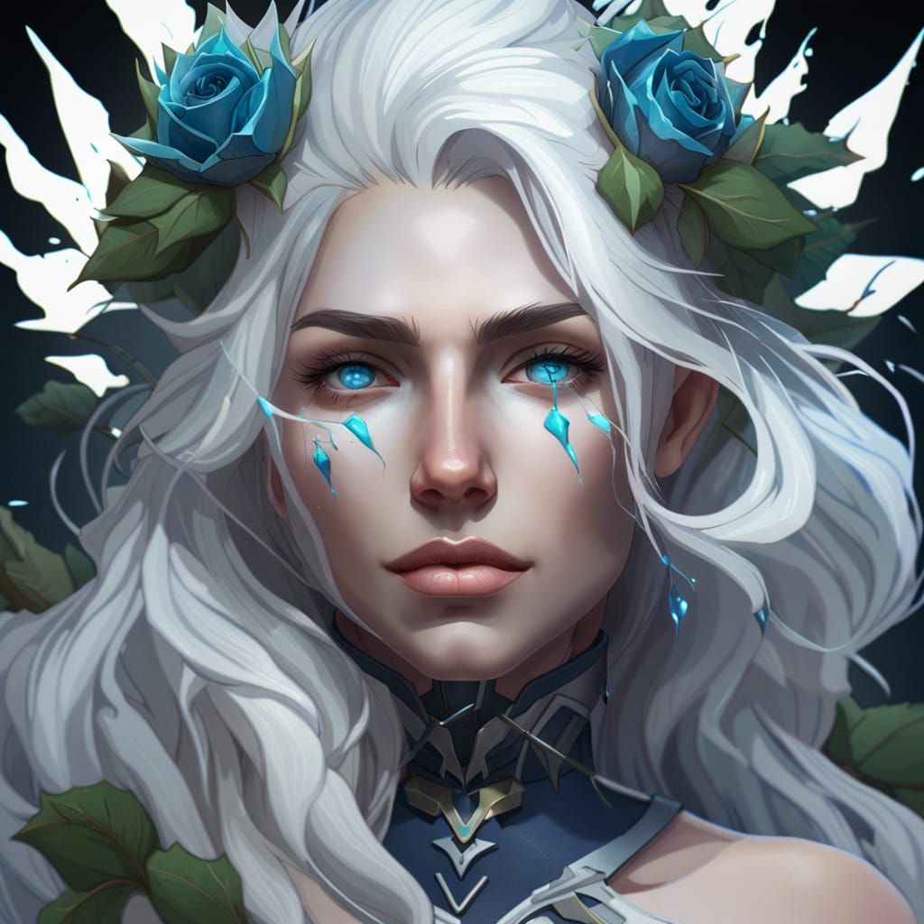 A woman with white hair, an ice crown, blue and green eyes, ...