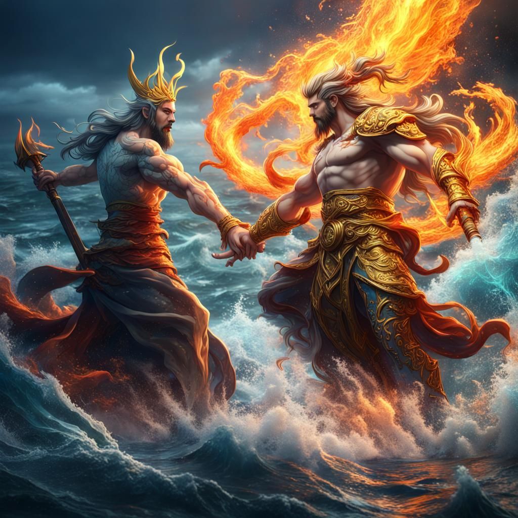 Anime style god of water fighting the god of fire in the ocean - AI ...