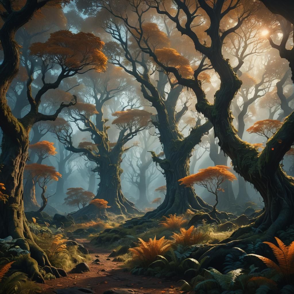 Mystical Forest with Glowing Plants in Matte Painting