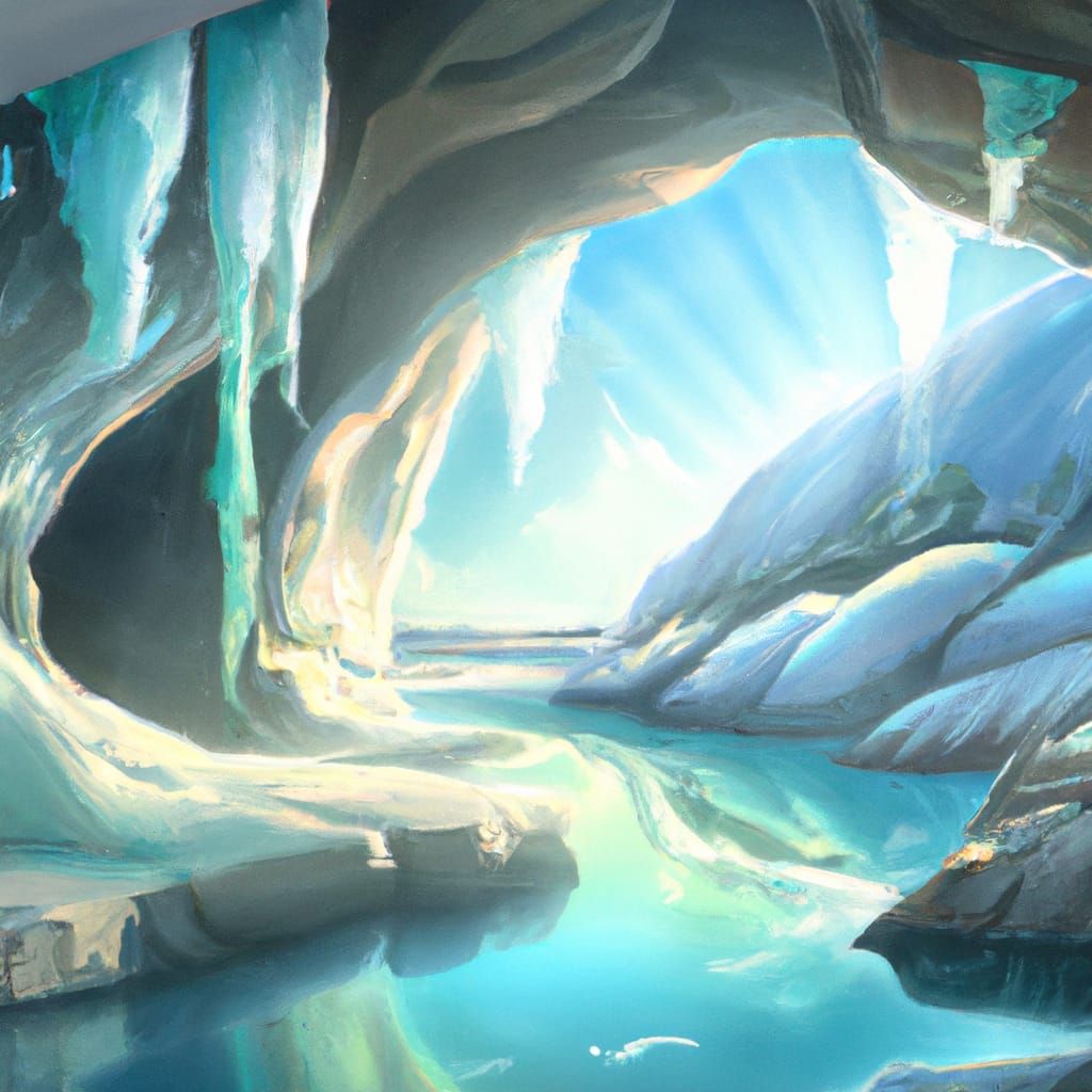 Ice Caves, Sunlight, River, Glistening, Matte Painting, Detailed, Semi 