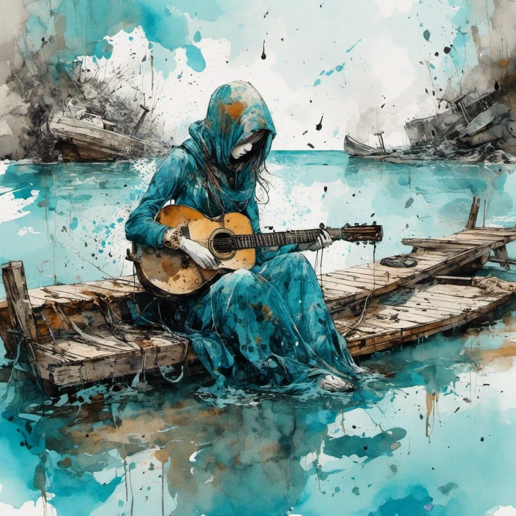 <lora:Scrappers:1.0> A woman sitting on a dock and playing the guitar, calm sunny day, azure water, ink splatter, alcohol ink