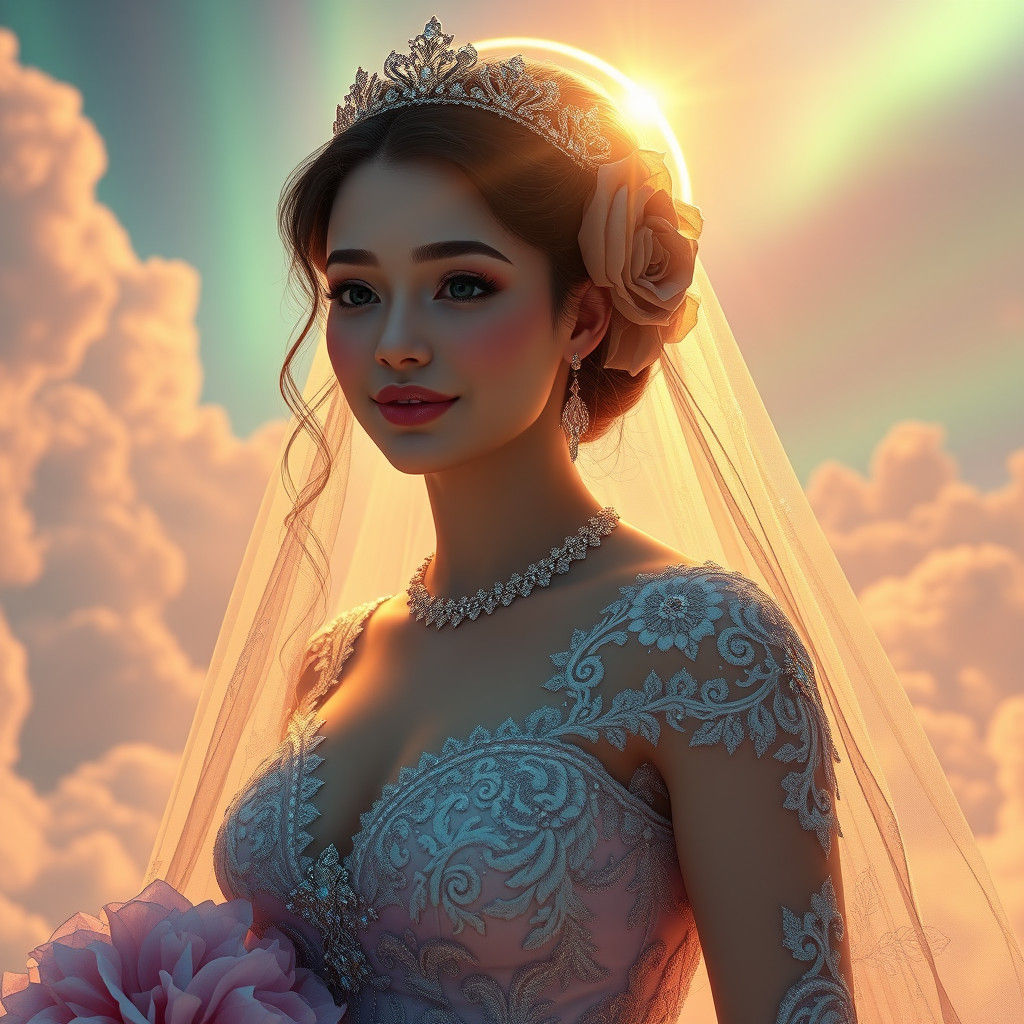 Ethereal Bride in Rainbow Aurora, Art Nouveau Style