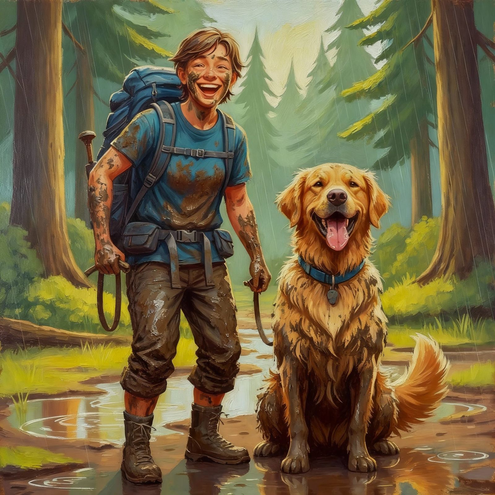 A hiking boy and his dog in the mud  by @Hartmut