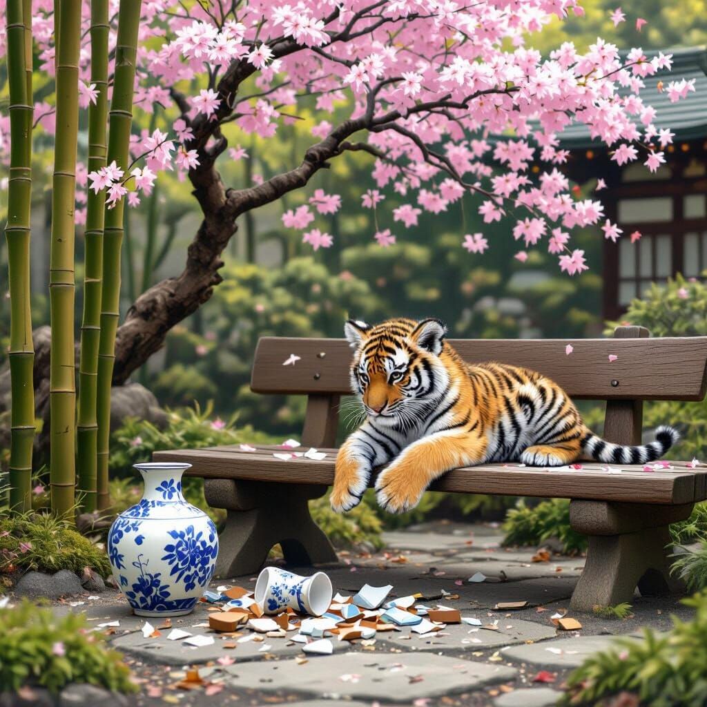 Aftermath : On a bench in a Japanese garden with bamboo and a Sakura tree, a tiger cub playing with the shards of a broken vase beside a bench, detailed...