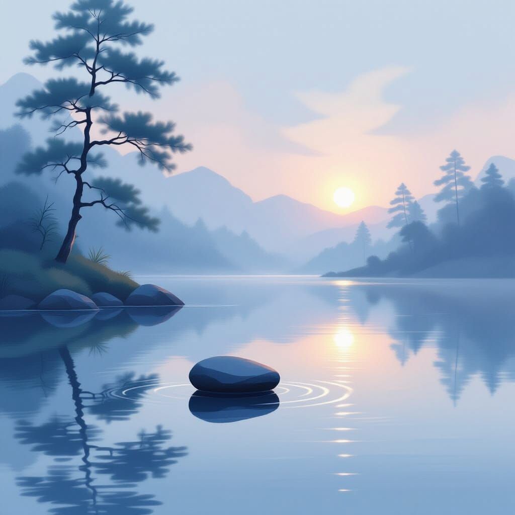 A serene, minimalist landscape featuring a single, perfectly smooth stone resting beside a calm, reflective ...  by @Teresa Chong