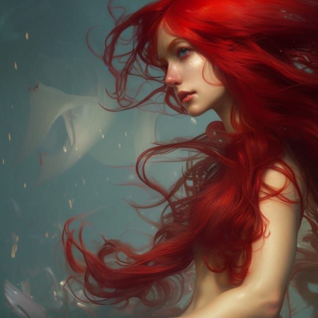 Red mermaid resolution, dark fantasy concept art, by Greg Ru...