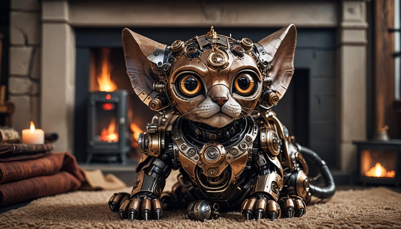 A photorealistic robotic cyborg steampunk cute baby Sphinx with big eyes, curled up in front of a cosy ...  by @Lennis