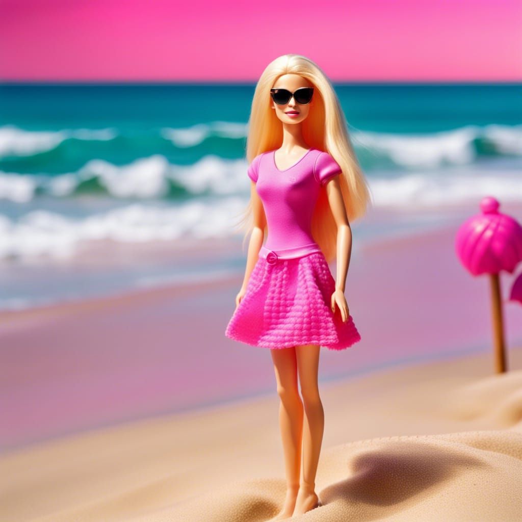 A vibrant and cheerful depiction of a barbie doll on the beach