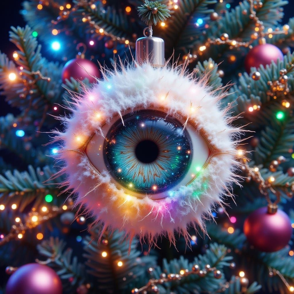 Whimsical Floating Eyeball with Christmas Lights