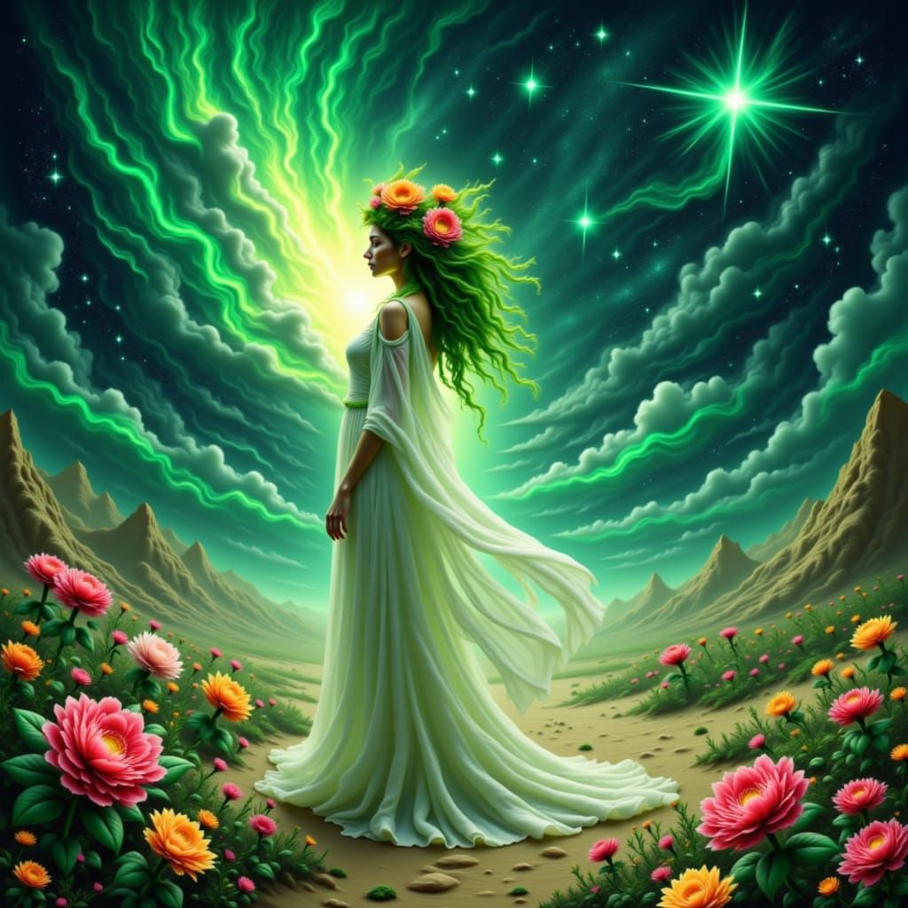 Spiritual flower woman in cosmic luminous green desert lands of mental dream state <lora:Fiona Fantasy:1.0>