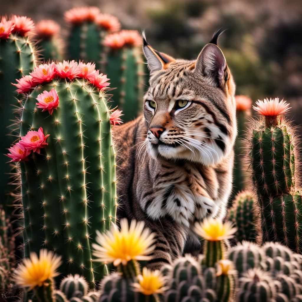 Bobcat by Flowering Cactus in Hyperrealistic Style