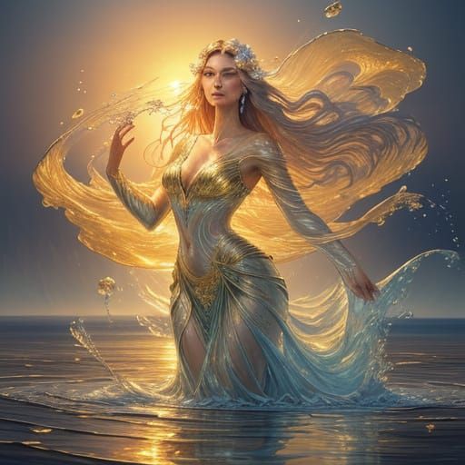 Shimmering glistening water, in the shape of a beautiful woman figure, standing in a flower field, at sunset