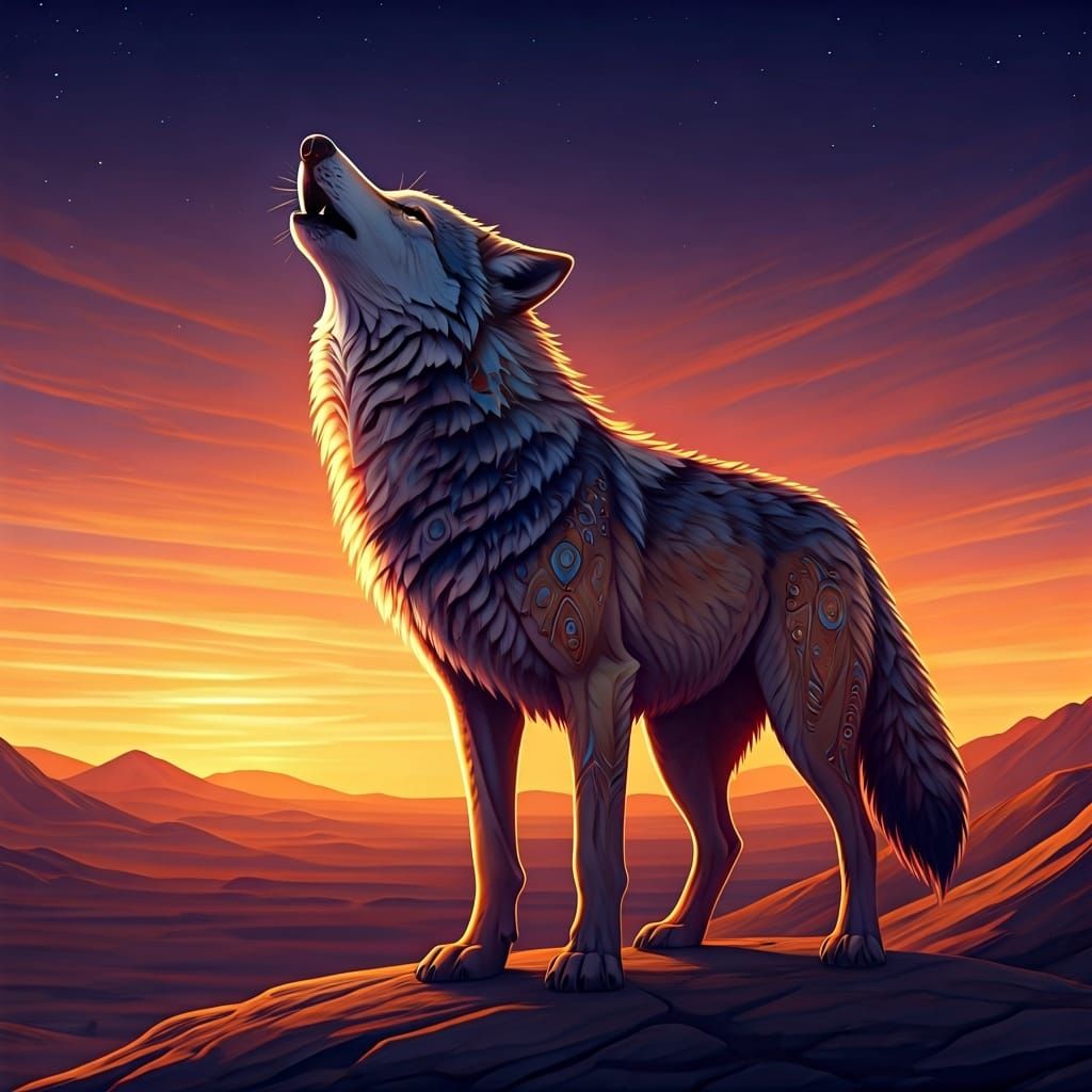 Desert Wolf Howling at Sunset: Stylized Illustration