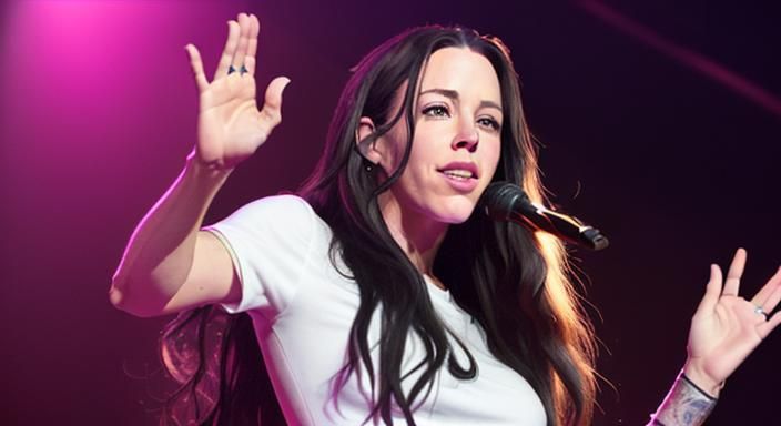 Alanis Morrisette with one hand in her pocket and the other ...