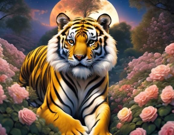 Breathtaking Bengal Tiger in a rose garden under the full moon <lora:Moonlight Garden:1.0> enhanced CGI render