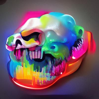 Screaming, melting, multicolored neon skull