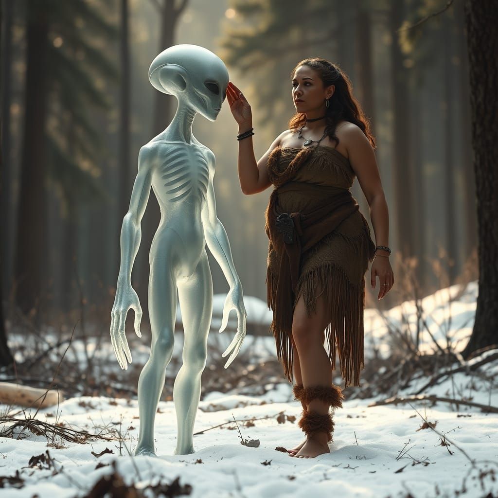 Stone Age Woman and Alien Encounter in Hyperrealism