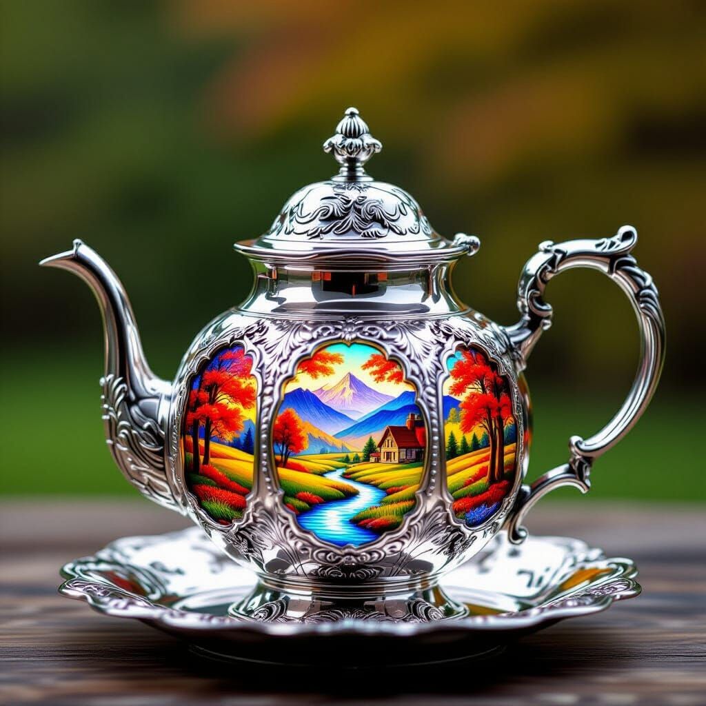 "Ultra-detailed Macro Photography of an Ornate Sterling Silver Teapot in a Baroque or Art Nouveau style. The teapot is heavily engraved and ...