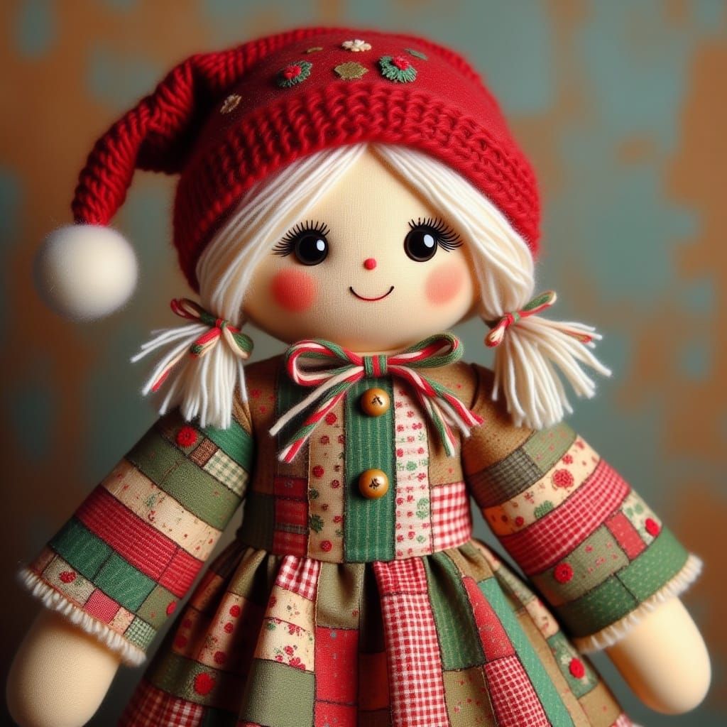  <lora:Ragdoll:1.0>a beautiful ragdoll made out of silk, burlap, quilt, and yarn. Folk art style. Christmas theme.