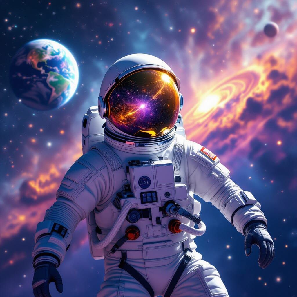 Astronaut in Colorful Nebula, Earth Reflection